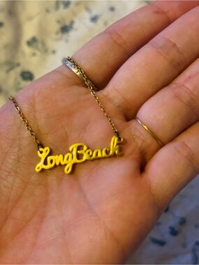 Vintage Gold Long Beach Script Nameplate Necklace